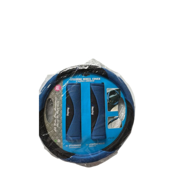 AR27335 - All Ride Steering Wheel Cover Set 3pc (With Seatbelt Comforter Pads) 'Racing' Blue Mesh