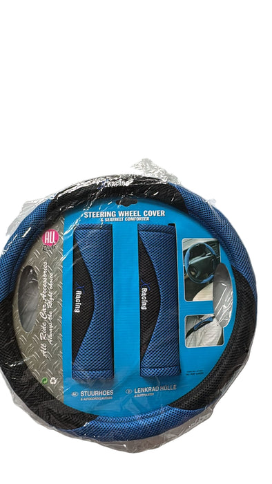 AR27335 - All Ride Steering Wheel Cover Set 3pc (With Seatbelt Comforter Pads) 'Racing' Blue Mesh