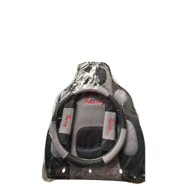 AR29426 - All Ride Seat And Steering Wheel Cover Set 5pc (With Seatbelt Comforter Pads) 'Racing' Black And Grey
