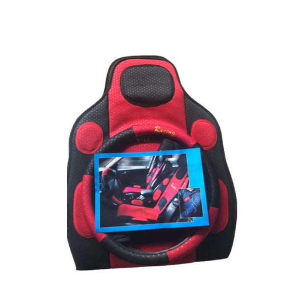 AR29424 - SEAT AND STEERING WHEEL COVER SET 5PC (WITH SEATBELT COMFORTER PADS) 'RACING' BLACK AND RED