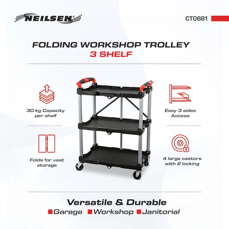 CT0681 - Folding Workshop Trolley 3 Shelf