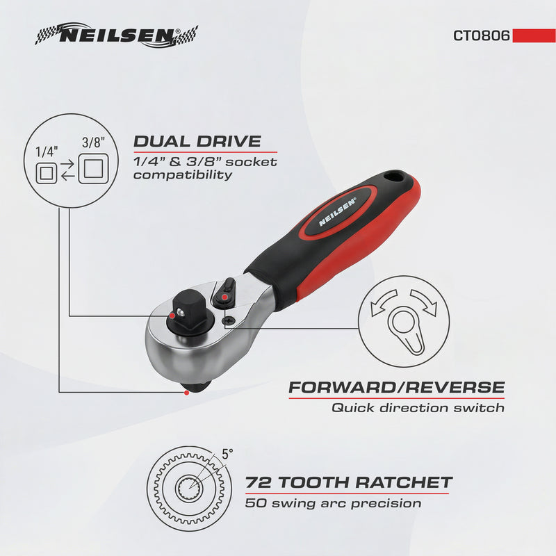 CT0806 - Dual Drive Ratchet – ¼" & ⅜" Combination Stubby