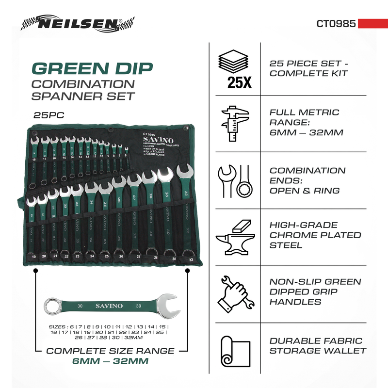 CT0985 - 25pc Green Dip Combination Spanner Set