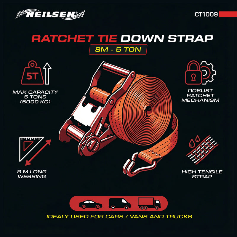 CT1009 - Ratchet Tie Down Strap - 8M  5Ton