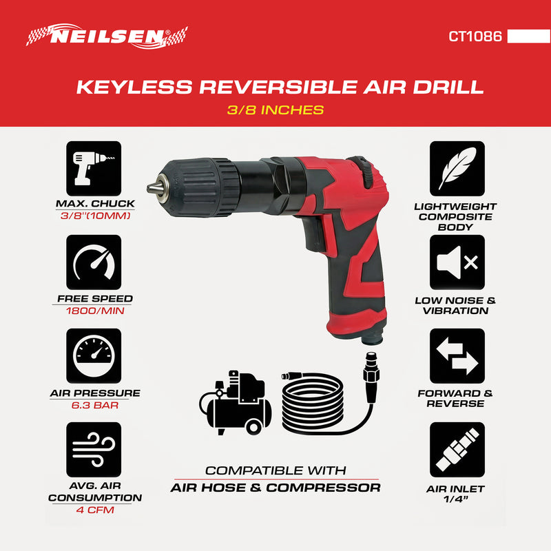 CT1086 - 3/8in  Keyless Reversible Air Drill, 10mm