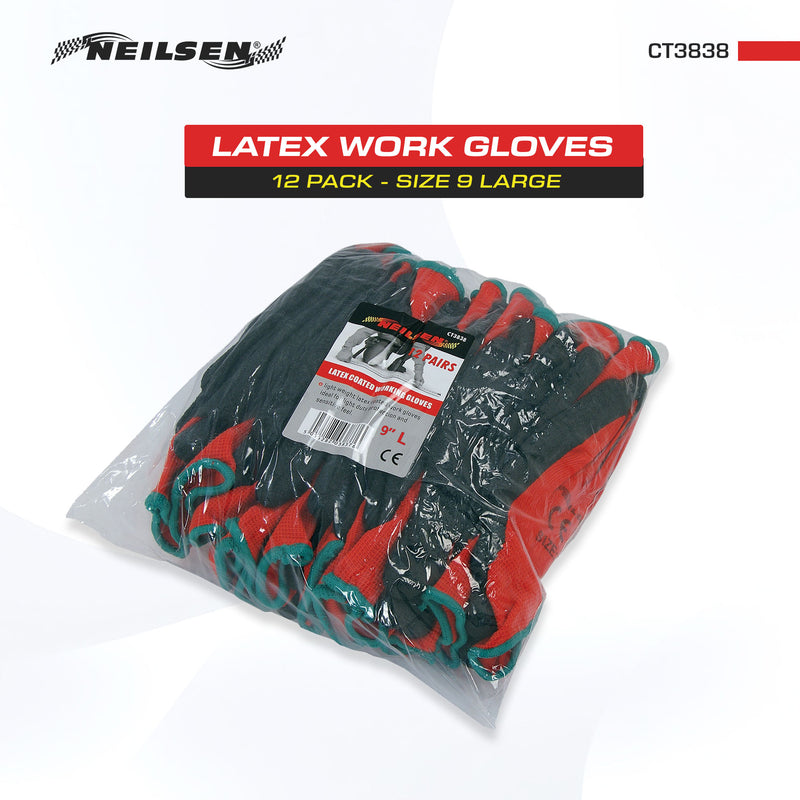 CT3838 - 12 Pack Latex Work Gloves Size 9 Large
