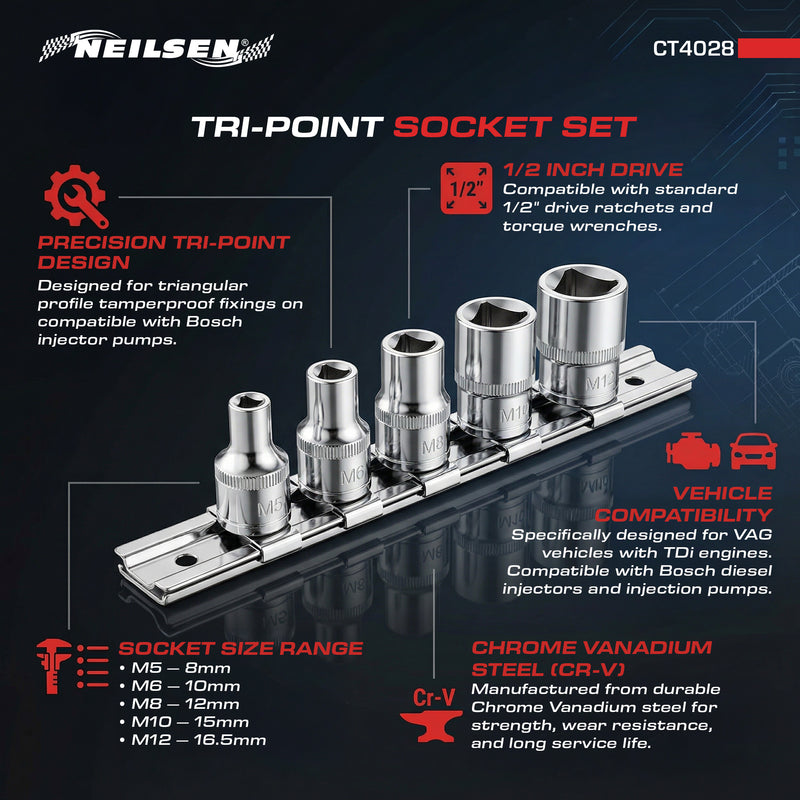 CT4028 - 5pc 1/2in Dr Tri-Point Socket Set for Bosch Injector Pumps