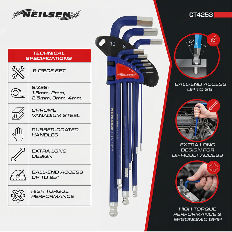 CT4253 - 9pc Extra Long Hex Key Set