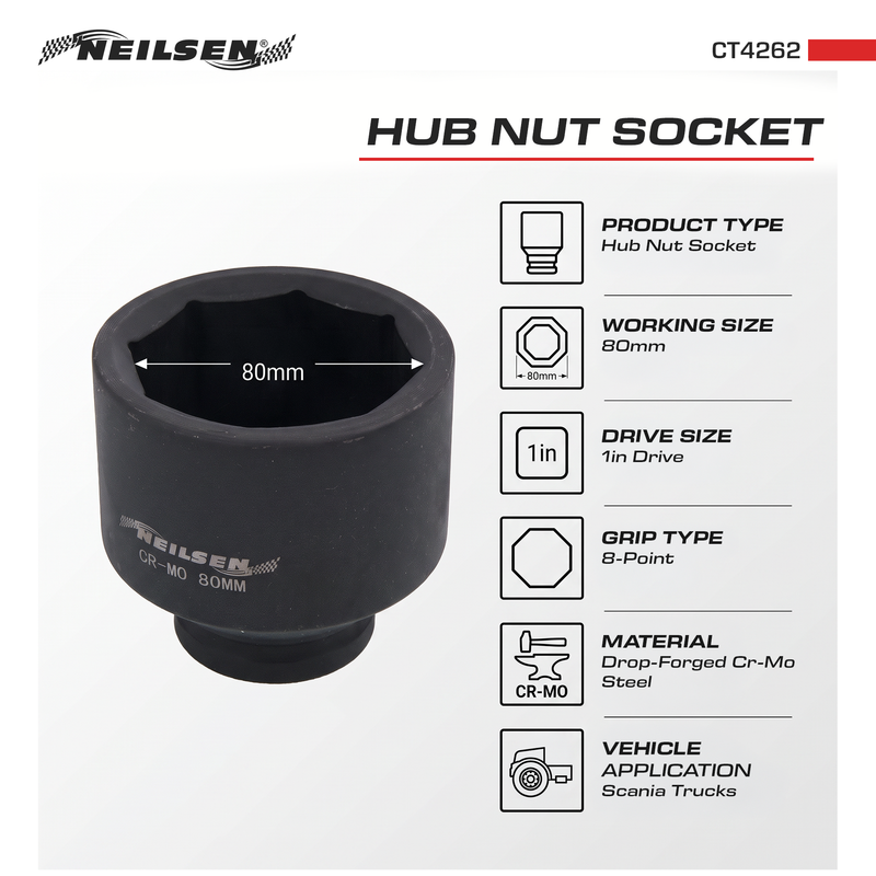 CT4262 - 1in Dr Hub Nut Socket For Scania - 80mm