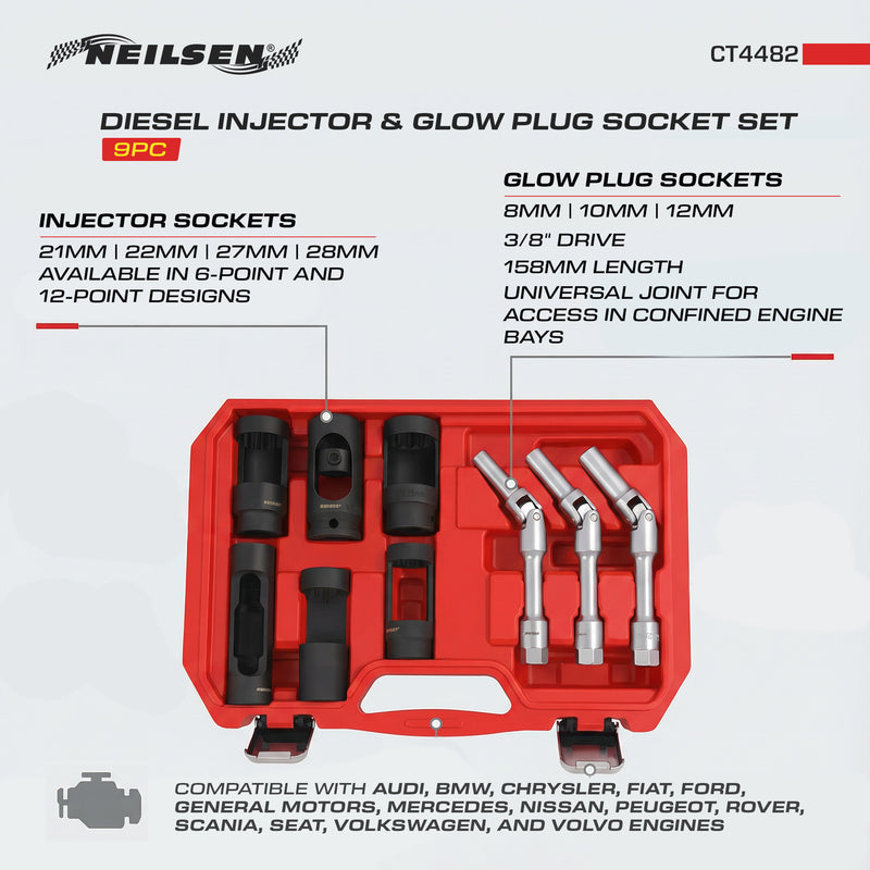 CT4482 - 9pc Diesel Injector and Glow Plug Socket Set