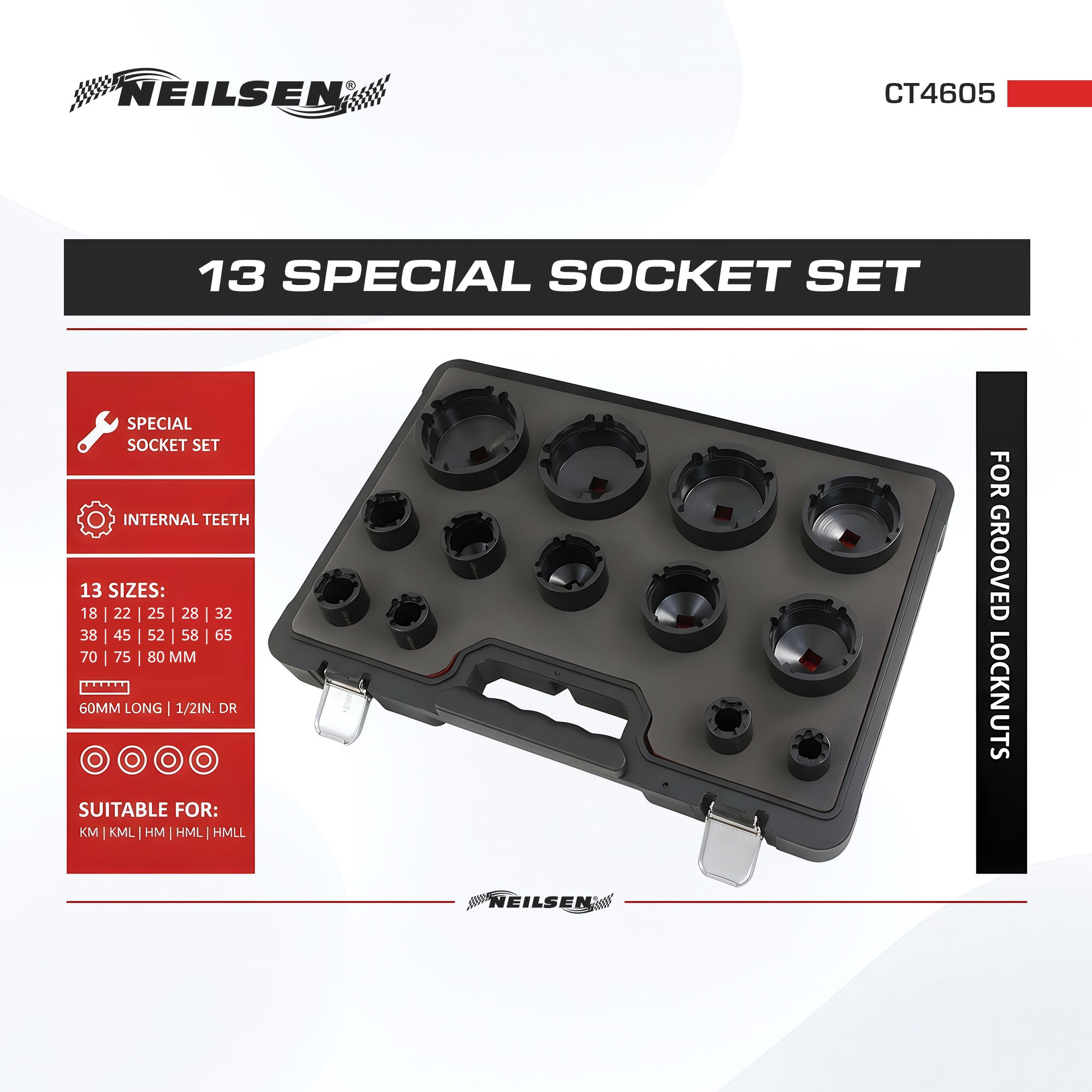 CT4605 - 13pc Grooved Locknut Socket Set — Neilsen Tools