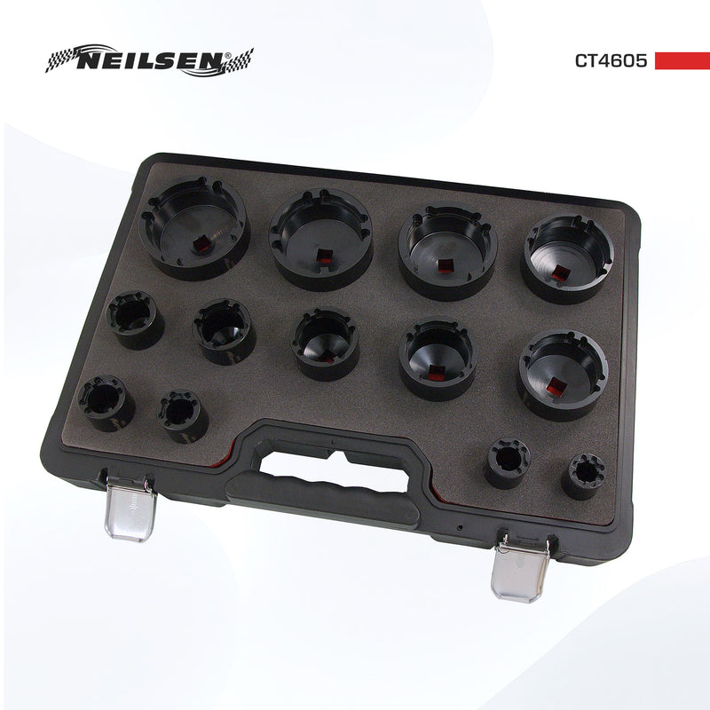 13pc Grooved Locknut Socket Set 1/2 dr. Internal Teeth 18 - 80mm 13pc Grooved Locknut Socket Set 1/2 dr. Internal Teeth 18 - 80mm