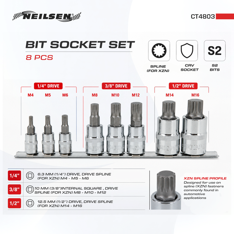 CT4803 - 8pc 1/4in & 3/8in Spline Bit Set