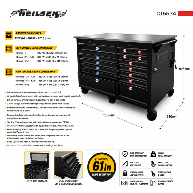 CT5534 - Stainless Steel Top Mobile Workbench 61 Inch