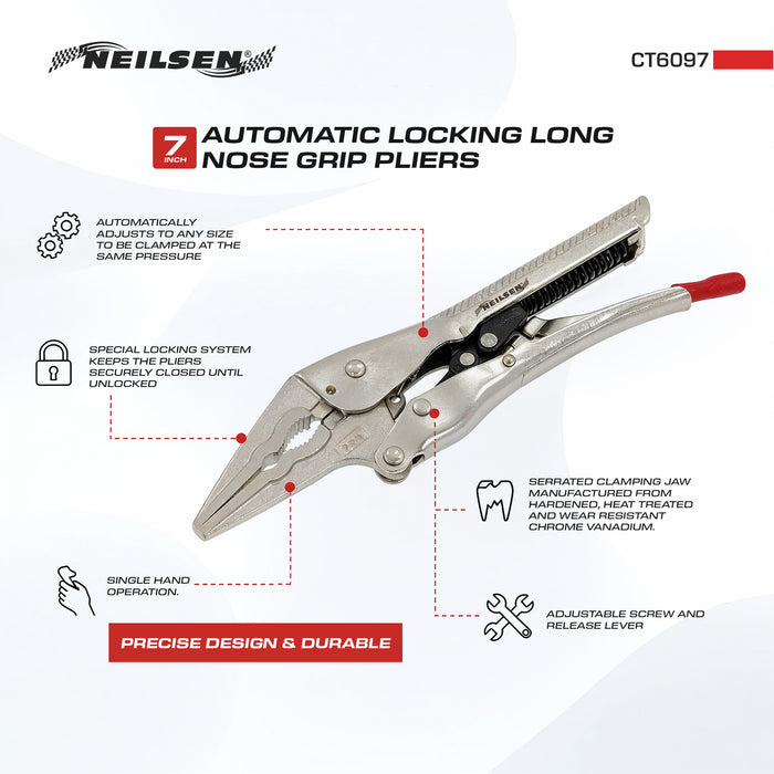 CT6097 - 7" Automatic Locking Long Nose Grip Pliers