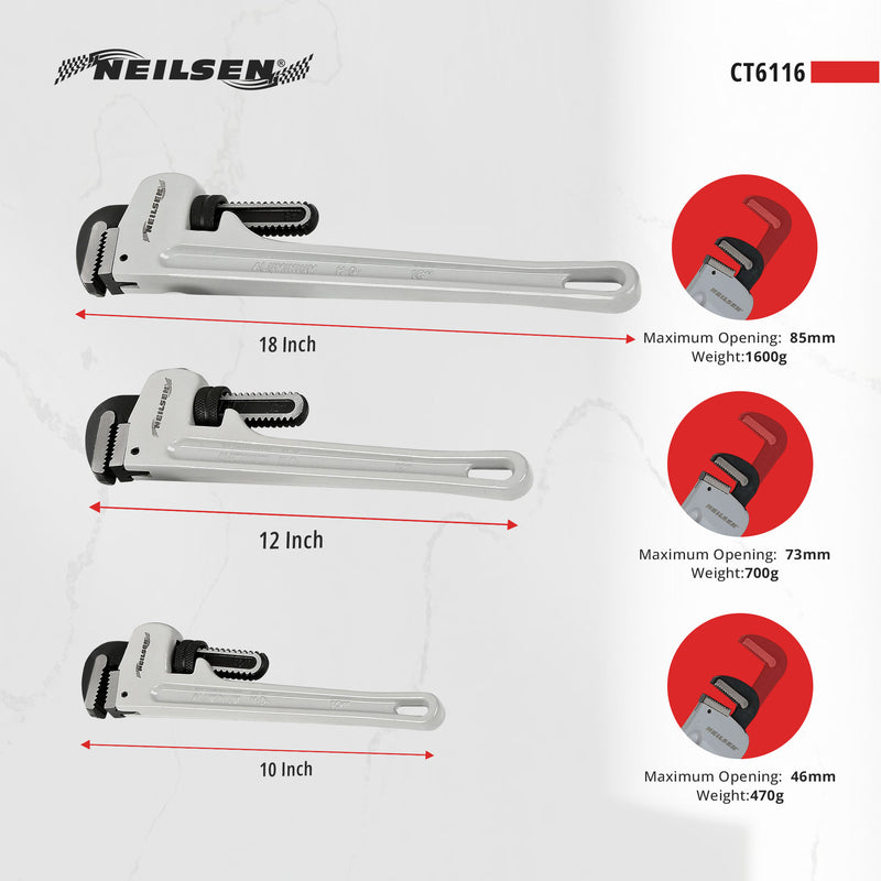 CT6116 - 3pc Aluminium Pipe Wrench 10inch, 12inch, 18inch