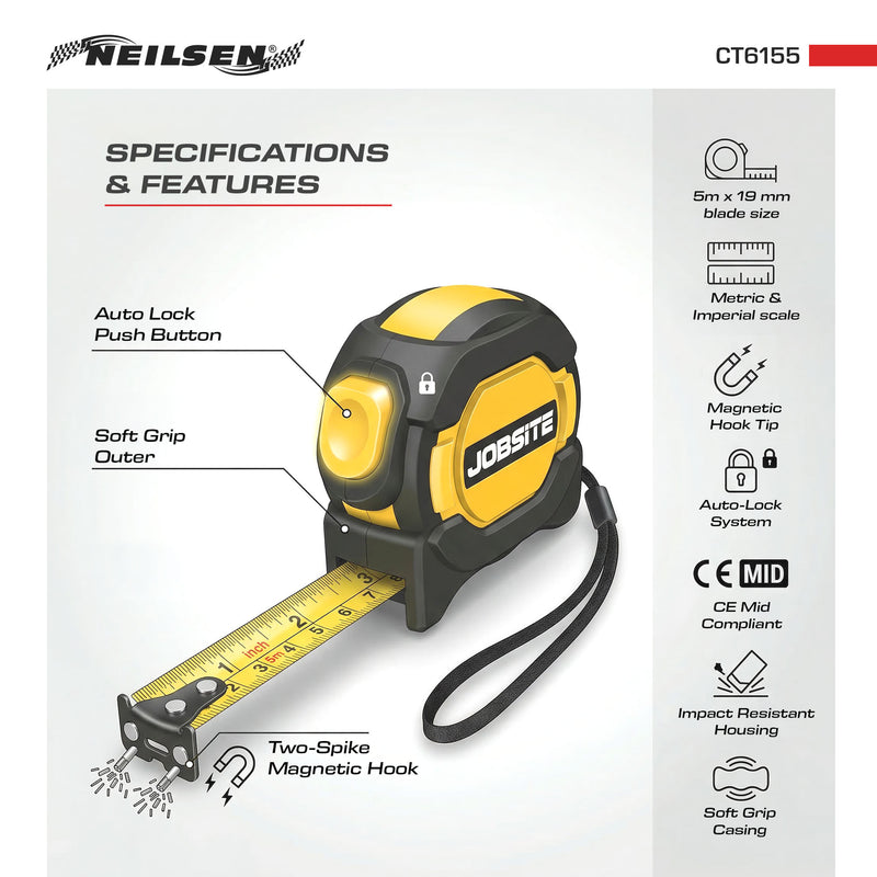 CT6155 - Auto Lock Measuring Tape 5m x 19mm