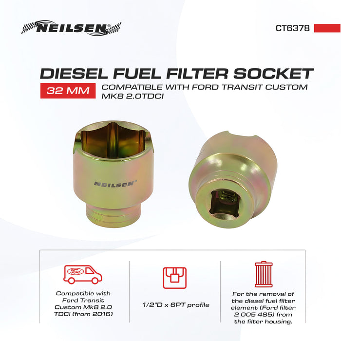 CT6378 - Diesel Fuel Filter Socket 32mm Ford Transit Custom MK8 2.0TDCI
