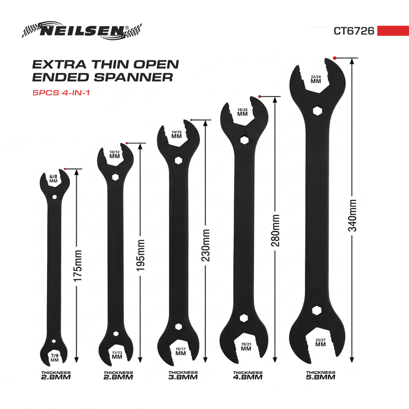 CT6726 - 5pc 4 In 1 Extra Thin Open Ended Spanner