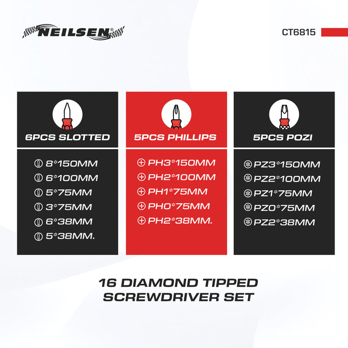 CT6815 - 16pc Diamind Tipped Screwdriver Set