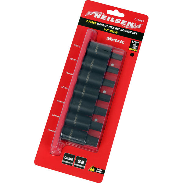 CT6853 - 7pc 1/2 Inch Dr Impact Hex Bit Socket Set Metric 9-15mm
