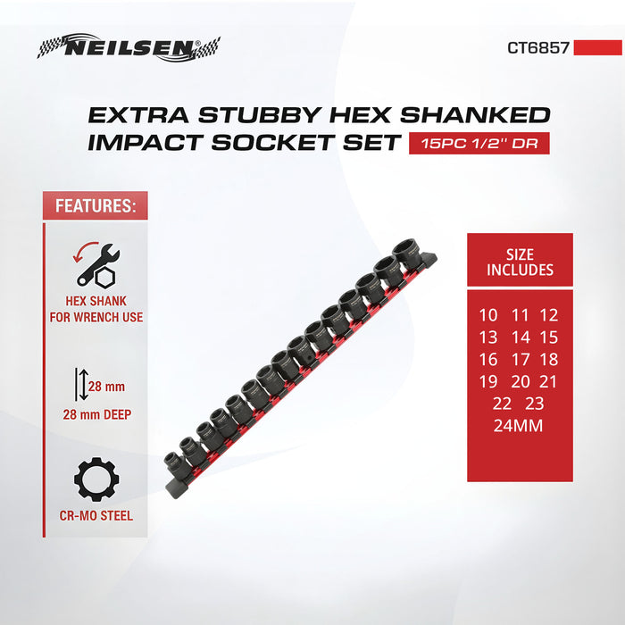 CT6857 - 15pc 1/2'' Dr Extra Stubby Hex Shanked Impact Socket Set