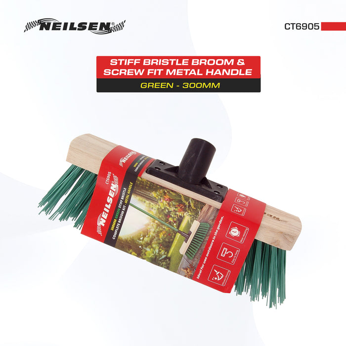 CT6905 - Green Stiff Bristle Broom & Screw Fit Metal Handle - 300mm