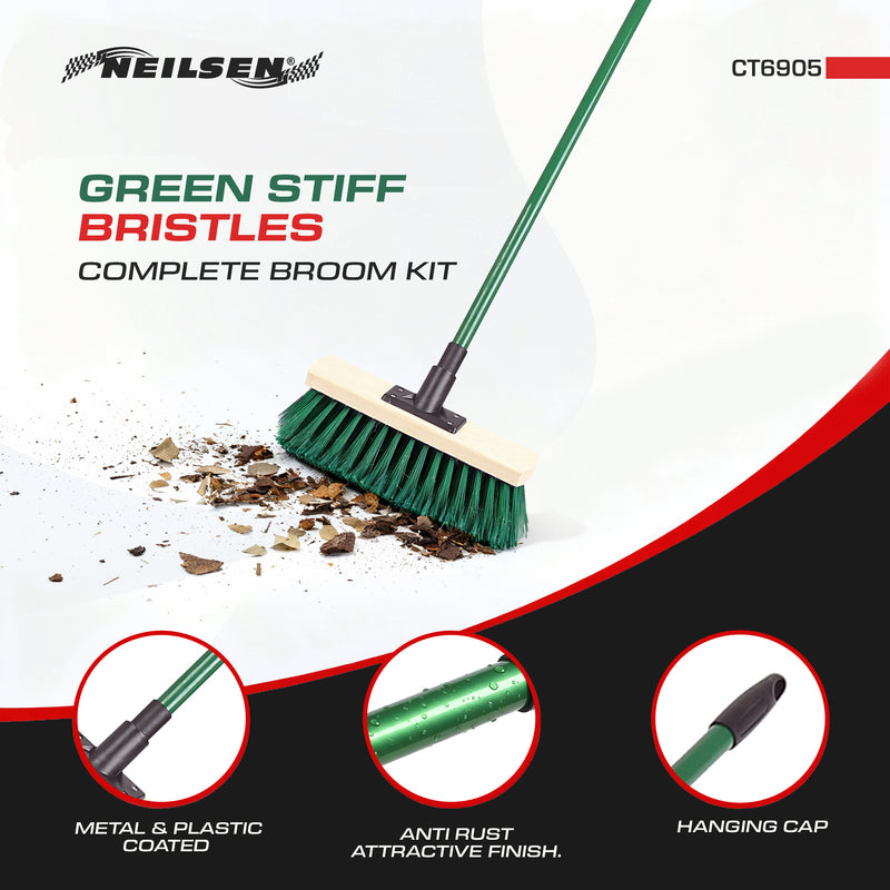 CT6905 - Green Stiff Bristle Broom & Screw Fit Metal Handle - 300mm