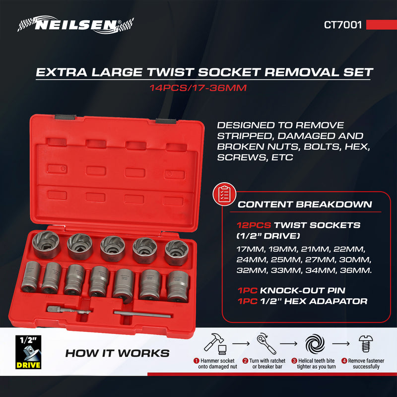 CT7001 - 14pcs Extra Large Twist Socket Removal Set 17-36mm