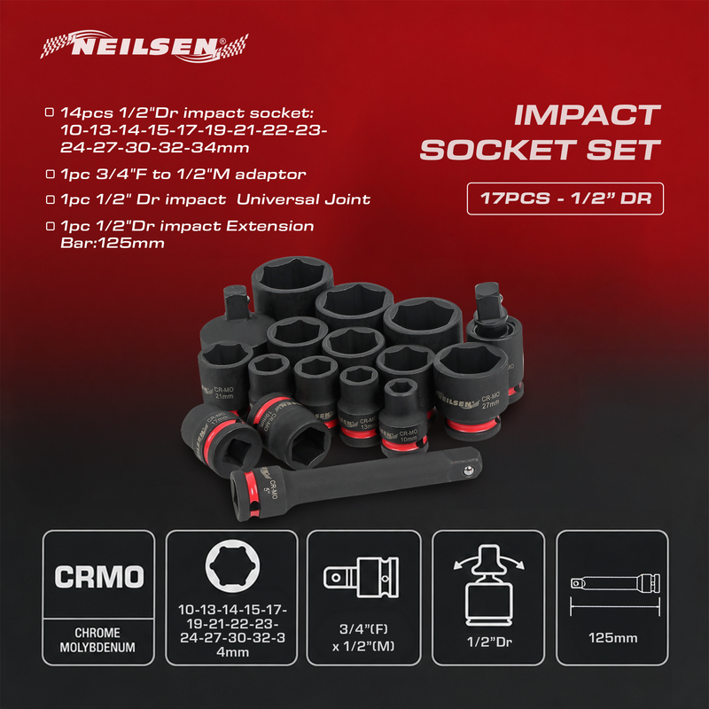 CT7114 - 17pc Impact Socket Set 1/2"DR 10-34mm