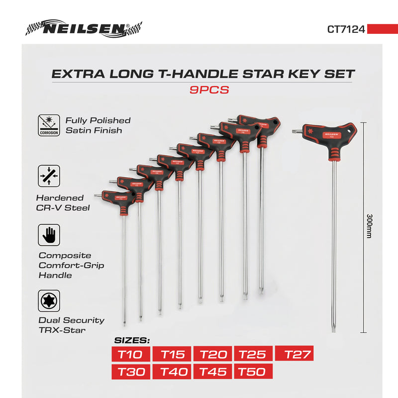 CT7124 - 9pc Extra Long T Handle Star Key Set