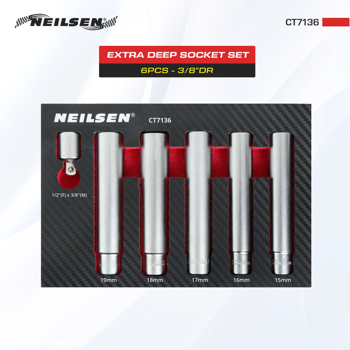 CT7136 - 6pc 3/8 Inch Dr Extra Deep Socket Set 15 - 19mm