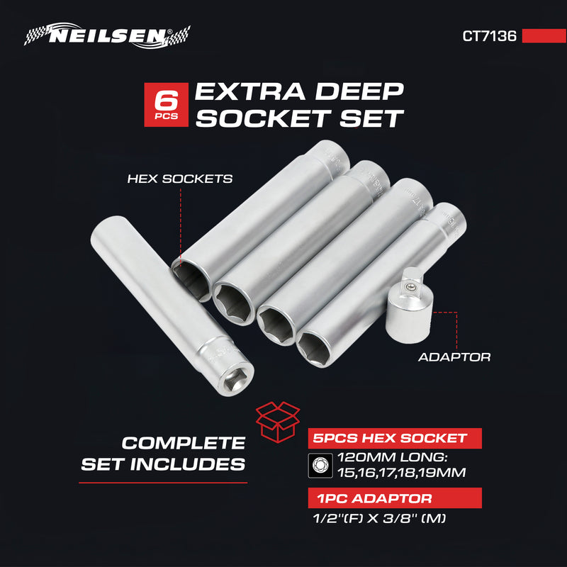 CT7136 - 6pc 3/8 Inch Dr Extra Deep Socket Set 15 - 19mm