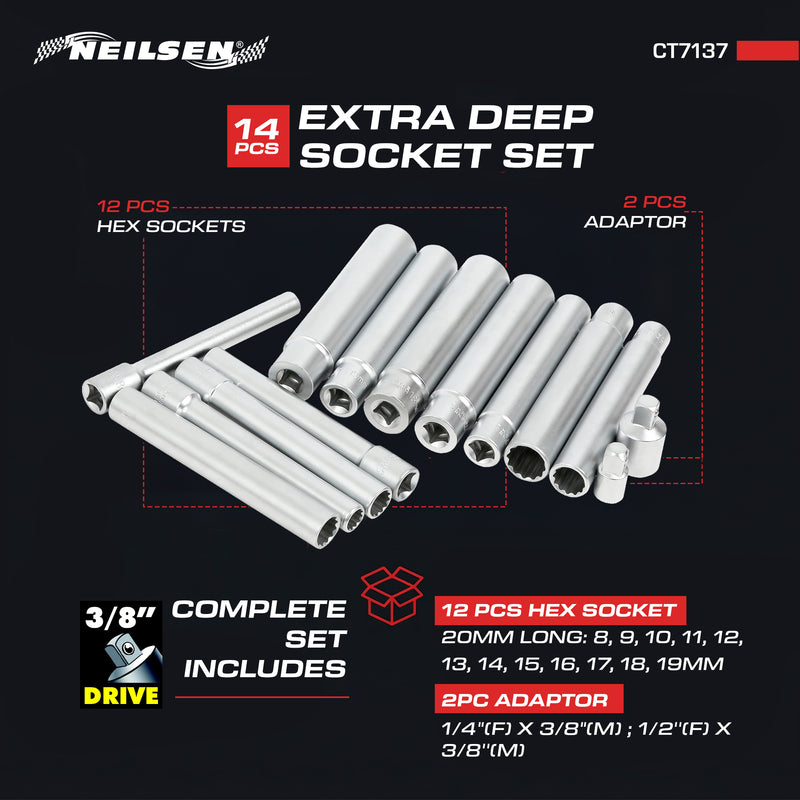 CT7137 - 14pc 3/8 Inch Dr Extra Deep Socket Set  8-19mm