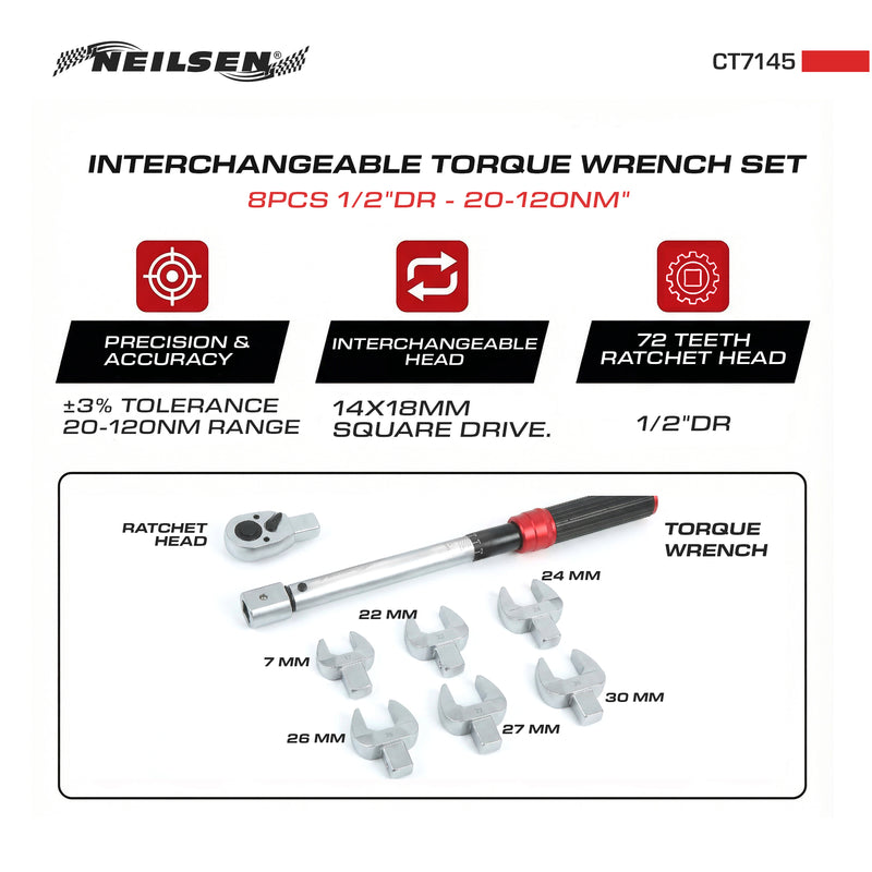 CT7146 - 8pc 3/8 Drive  Interchangeable Torque Wrench Set