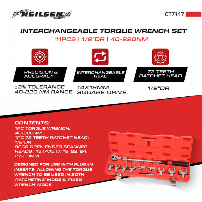 CT7147 - 11pc 1/2 Inch Drive Interchangeable Torque Wrench Set