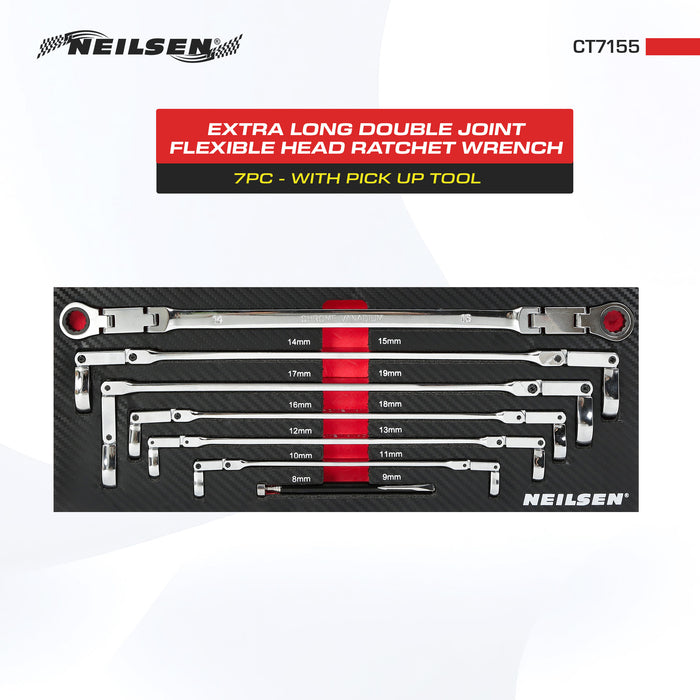 CT7155 - 7pc Extra Long Double Joint Flexible Head Ratchet Wrench With Pick Up Tool