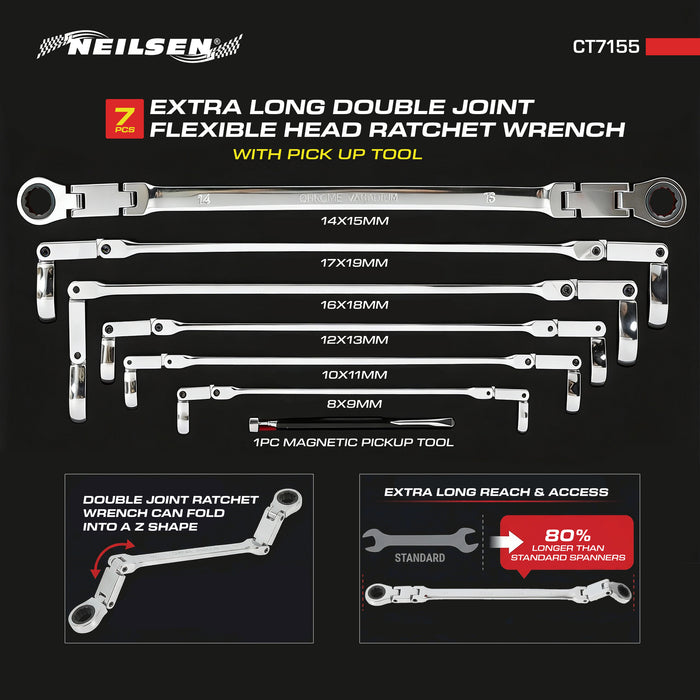CT7155 - 7pc Extra Long Double Joint Flexible Head Ratchet Wrench With Pick Up Tool