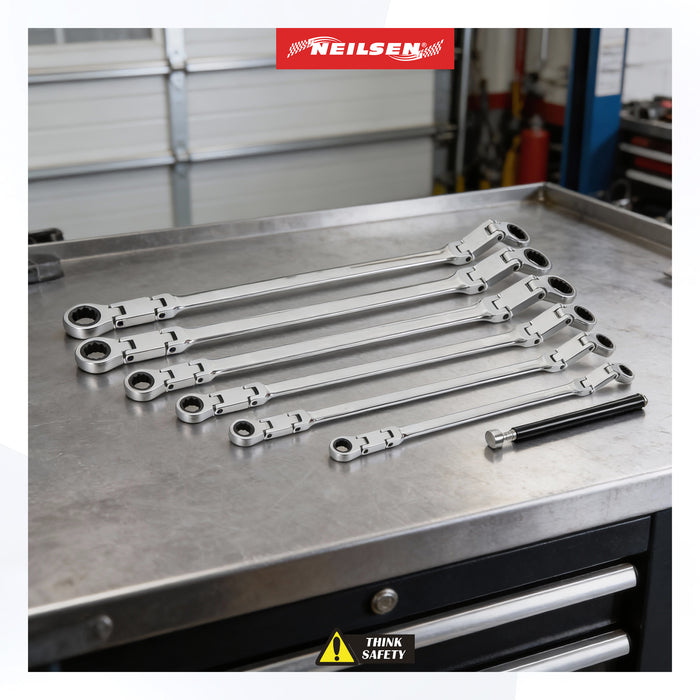CT7155 - 7pc Extra Long Double Joint Flexible Head Ratchet Wrench With Pick Up Tool