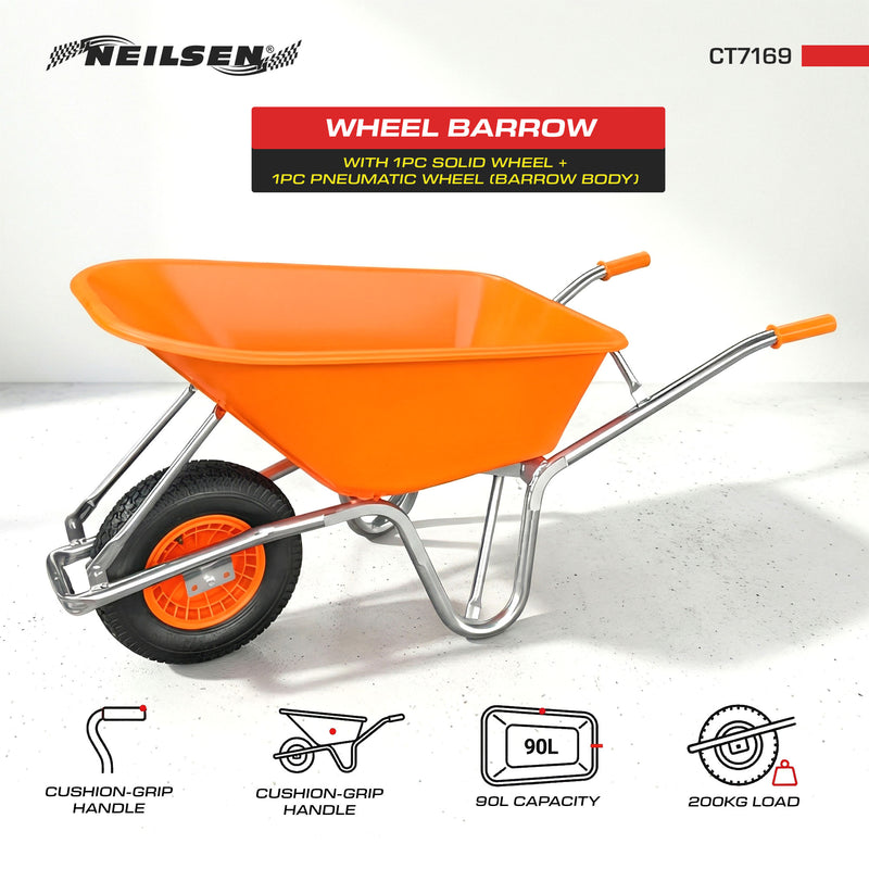 CT7169 - Heavy Duty Wheel Barrow - 200kg Load - Includes 1pc Solid Wheel + 1pc Pneumatic Wheel