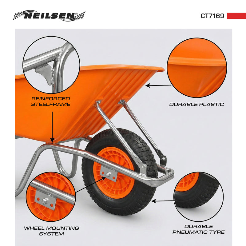 CT7169 - Heavy Duty Wheel Barrow - 200kg Load - Includes 1pc Solid Wheel + 1pc Pneumatic Wheel
