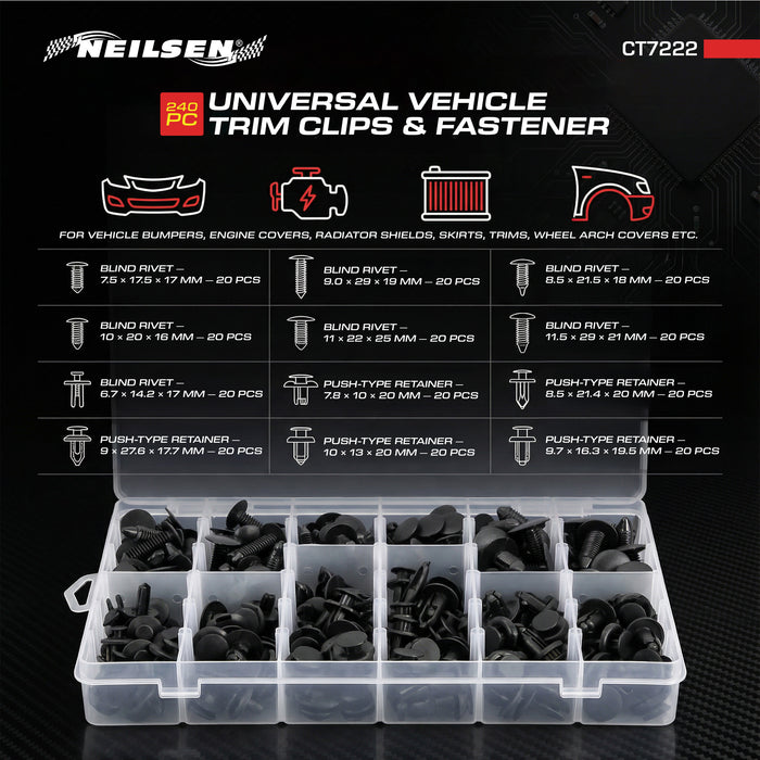 CT7222 - 240pc Universal Vehicle Trim Clips & Fastener