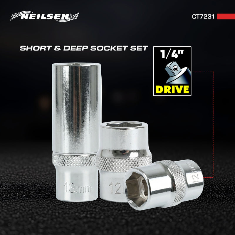 CT7231 - 16pc Short & Deep 1/4 Inch Dr 8mm ,10mm,12mm,13mm 6PT Socket Set