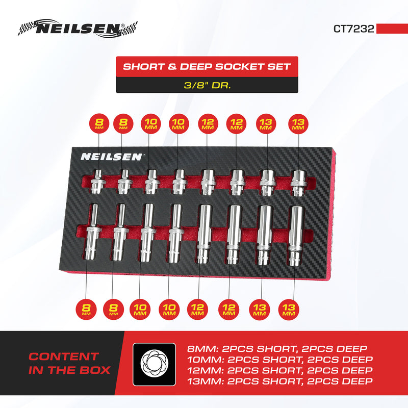 CT7232 - 16pc Short & Deep 3/8 Inch Dr 8mm,12mm,13mm 6PT Socket Set