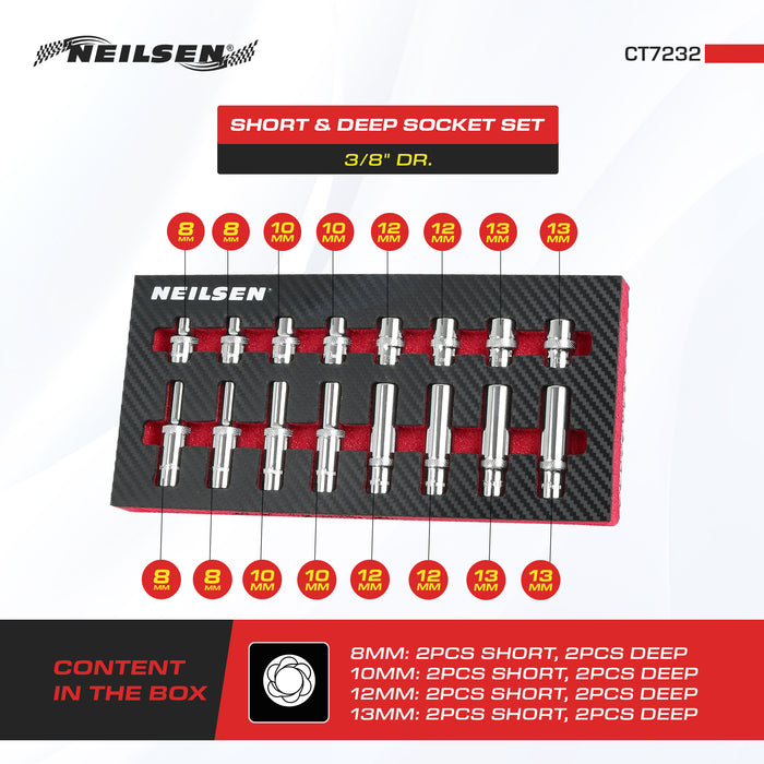 CT7232 - 16pc Short & Deep 3/8 Inch Dr 8mm,12mm,13mm 6PT Socket Set