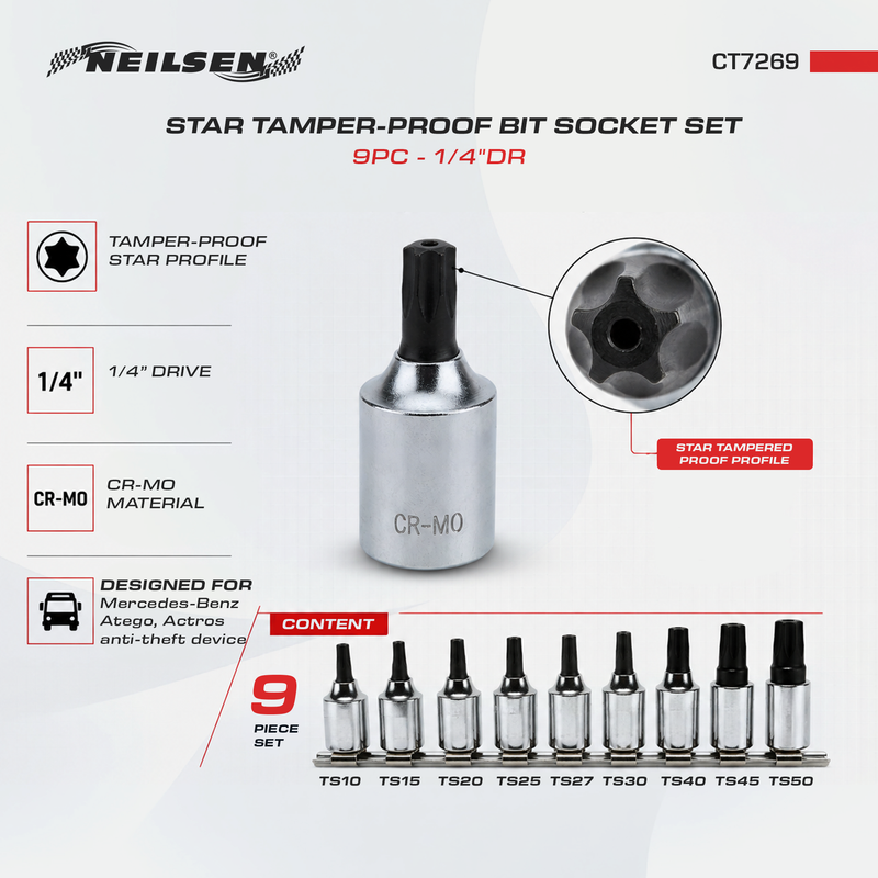 CT7269 - 9pc 1/4"Dr Star Tamper-Proof Bit Socket Set