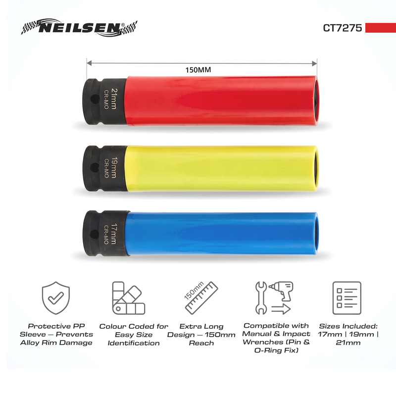 CT7275 - 3pc Extra Deep Protective Impact Socket 17,19,21mm Length: 150mm