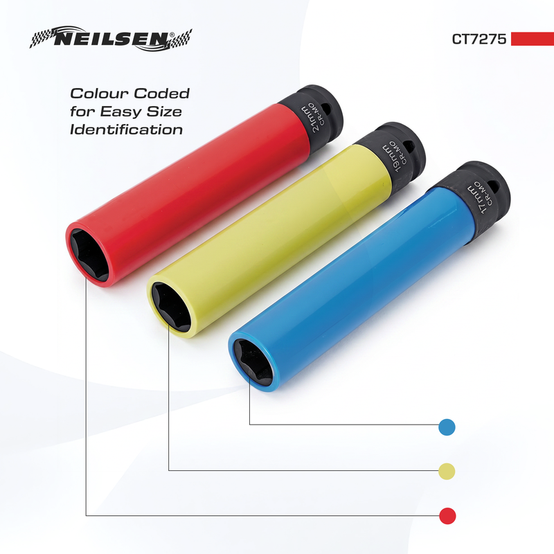 CT7275 - 3pc Extra Deep Protective Impact Socket 17,19,21mm Length: 150mm
