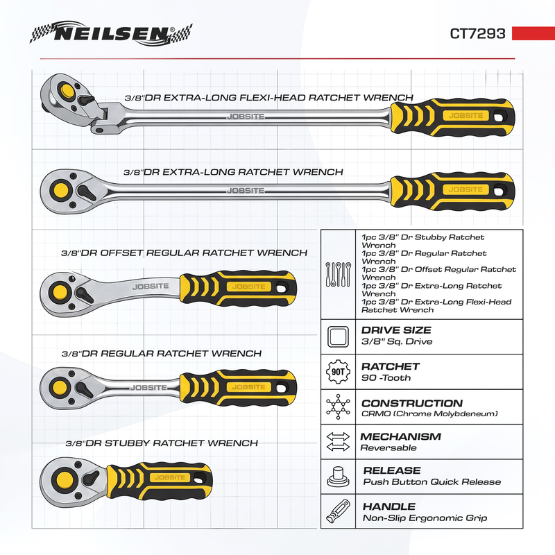 CT7293 - 5pcs 3/8"Sq Drive Reversible Ratchet Set 90T