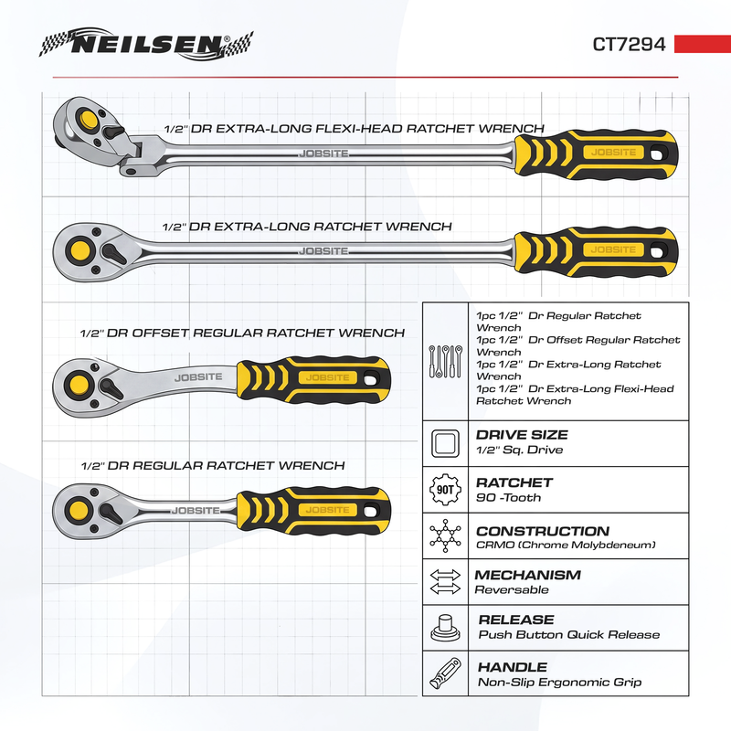 CT7294 - 4pcs 1/2"Sq Drive Reversible Ratchet Set 90T